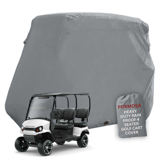 Grey 4 passenger golf cart storage cover, heavy-duty UV treated satin polyester, waterproof, fits 80" roof, elastic hem, reinforced grommets, rear zipper.
