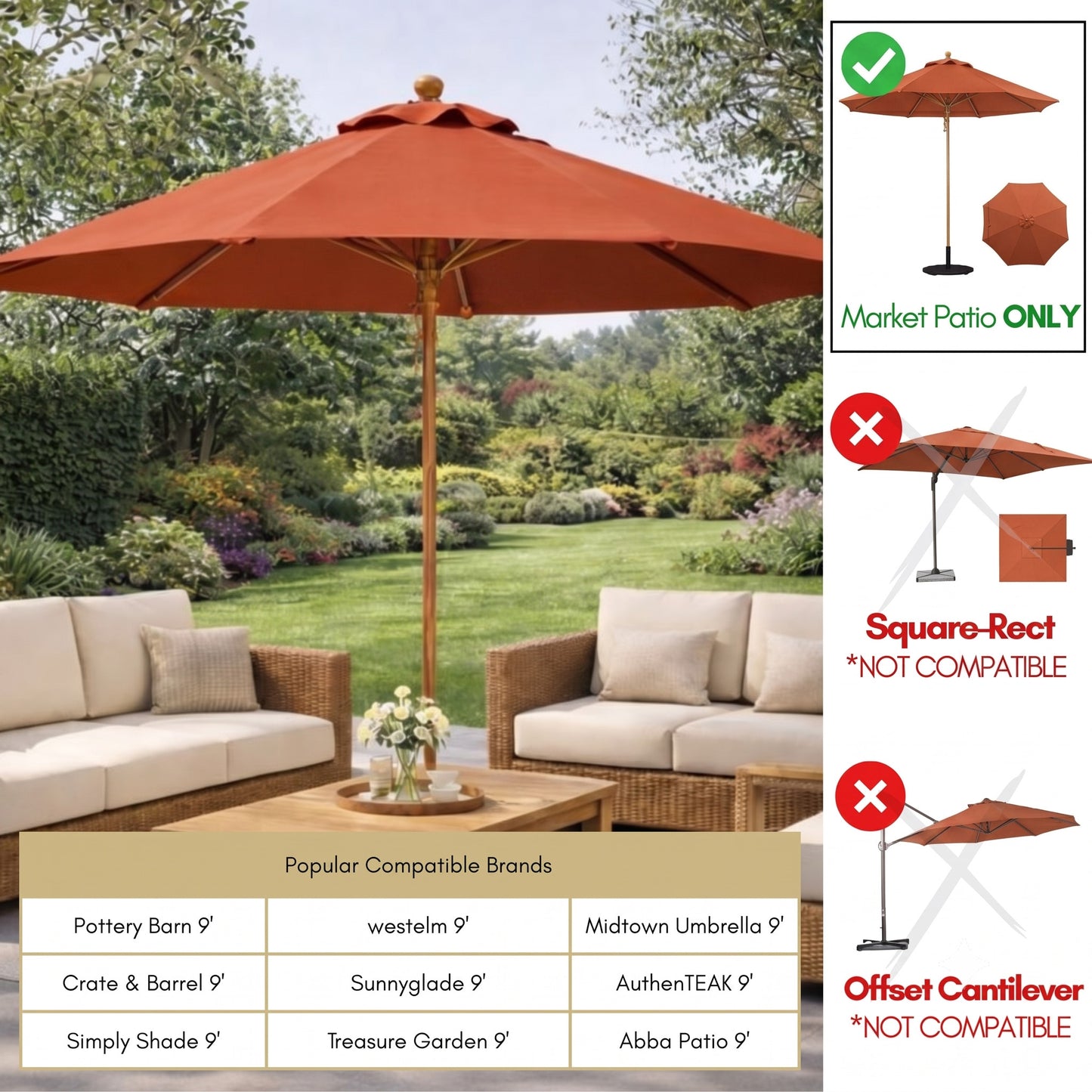 Red patio umbrella with compatibility chart for outdoor furniture in a garden setting