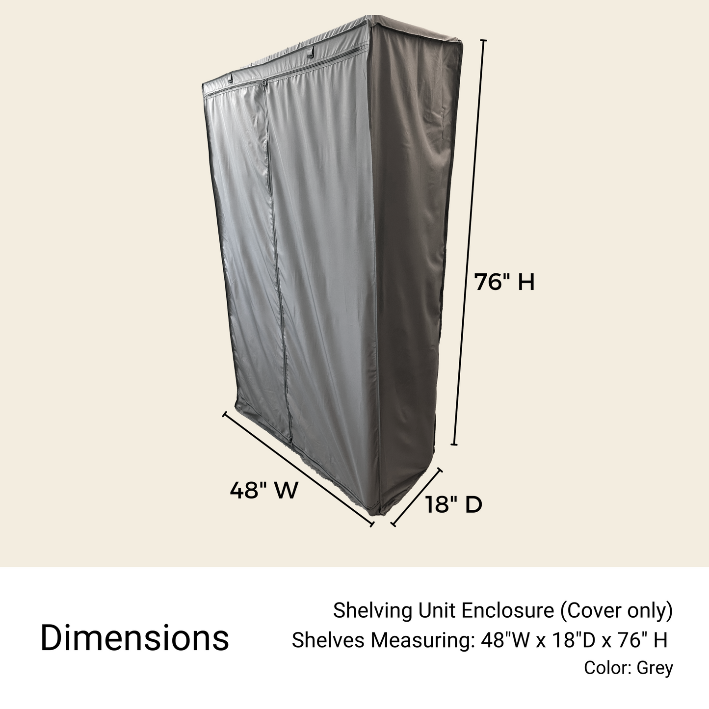 Wire shelving rack enclosure in grey, fits 48"W x 18"D x 76"H racks, featuring 300x300 polyester fabric, water repellent, with wheels.