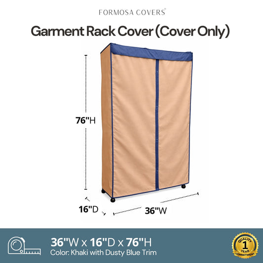 Portable Garment Rack Cover 36"W x 16"D x 76"H Beige Khaki with Dusty Blue Trim - Formosa Covers