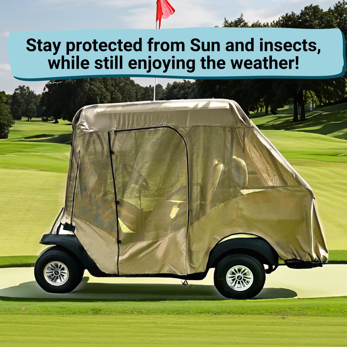 A Formosa Covers 2+2 Passenger Golf Cart Driving Enclosure Cover (4 Passenger Short Roof 58") in Texteline Mesh Taupe is draped over a golf cart, ensuring protection from the sun and insects while allowing you to enjoy the weather. The cart, accessorized with this essential enclosure, stands on a verdant golf course with trees and a red flag visible in the backdrop.