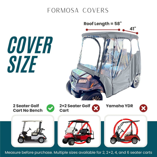2 Passenger Driveable Golf Cart Enclosure Golf Cart Rain Cover YKK Door Zippers - Grey - Formosa Covers