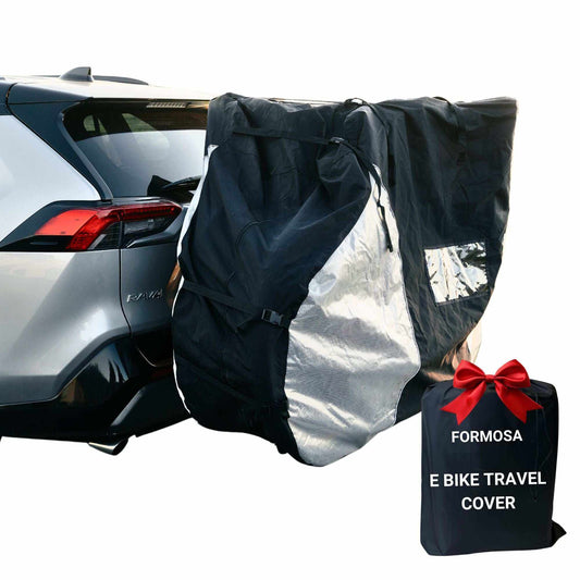 Dual bike rack cover for 1-2 e-bikes with translucent ends, protector against weather, road debris, and UV damage, featuring reflective panels and easy installation.