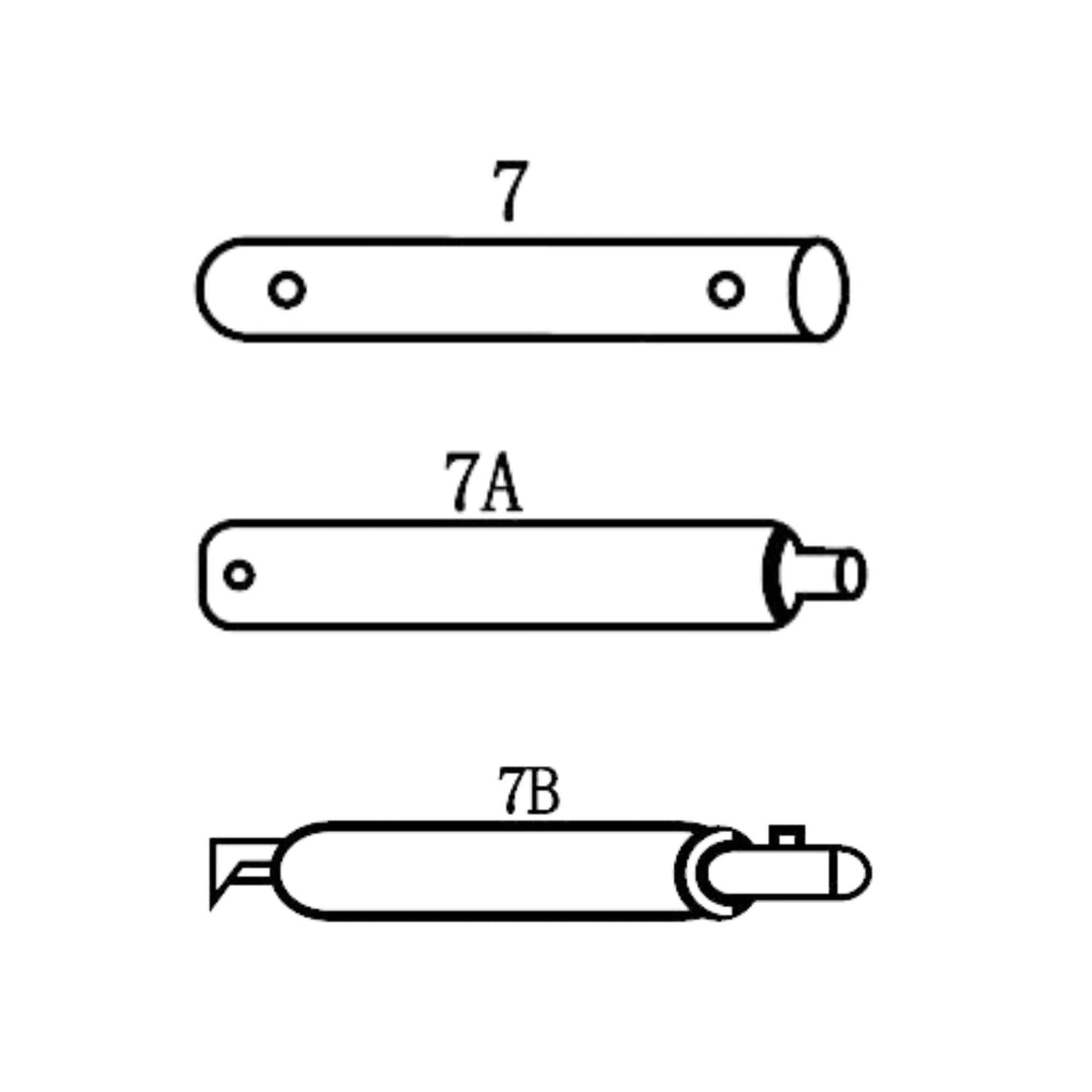 Product Name: White Supporting Pole Set 7, 7A, 7B (Sold as Set)
Brand Name: Formosa Covers
Rewritten Sentence: The White Supporting Pole Set from Formosa Covers includes cylindrical objects labeled "7," which is a simple cylinder with a hole on each side; "7A," which has a single hole on one side and a smaller extension on one end; and "7B," featuring additional protruding parts, resembling screen house replacement parts from Sun-mart International.