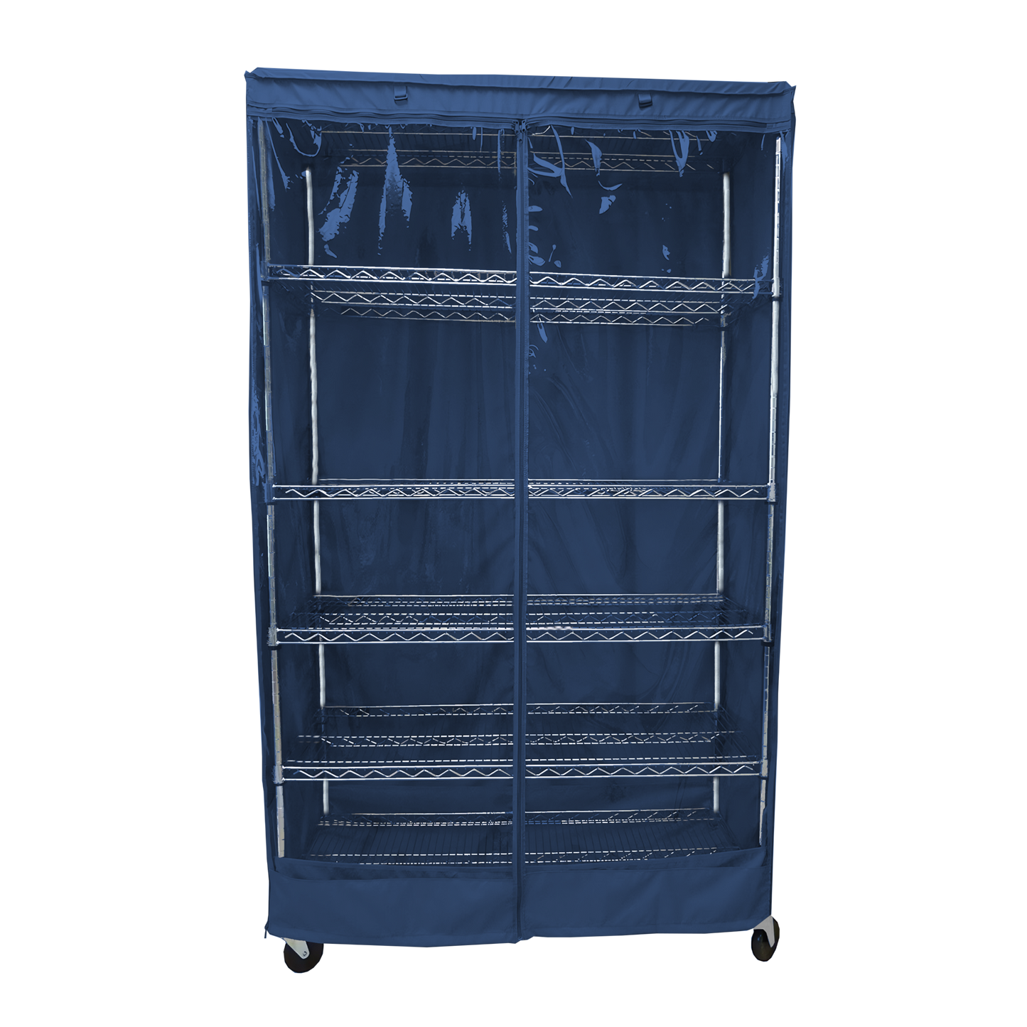 Storage shelving unit cover in dusty blue with clear panel, fits 36"W x 18"D x 72"H racks.