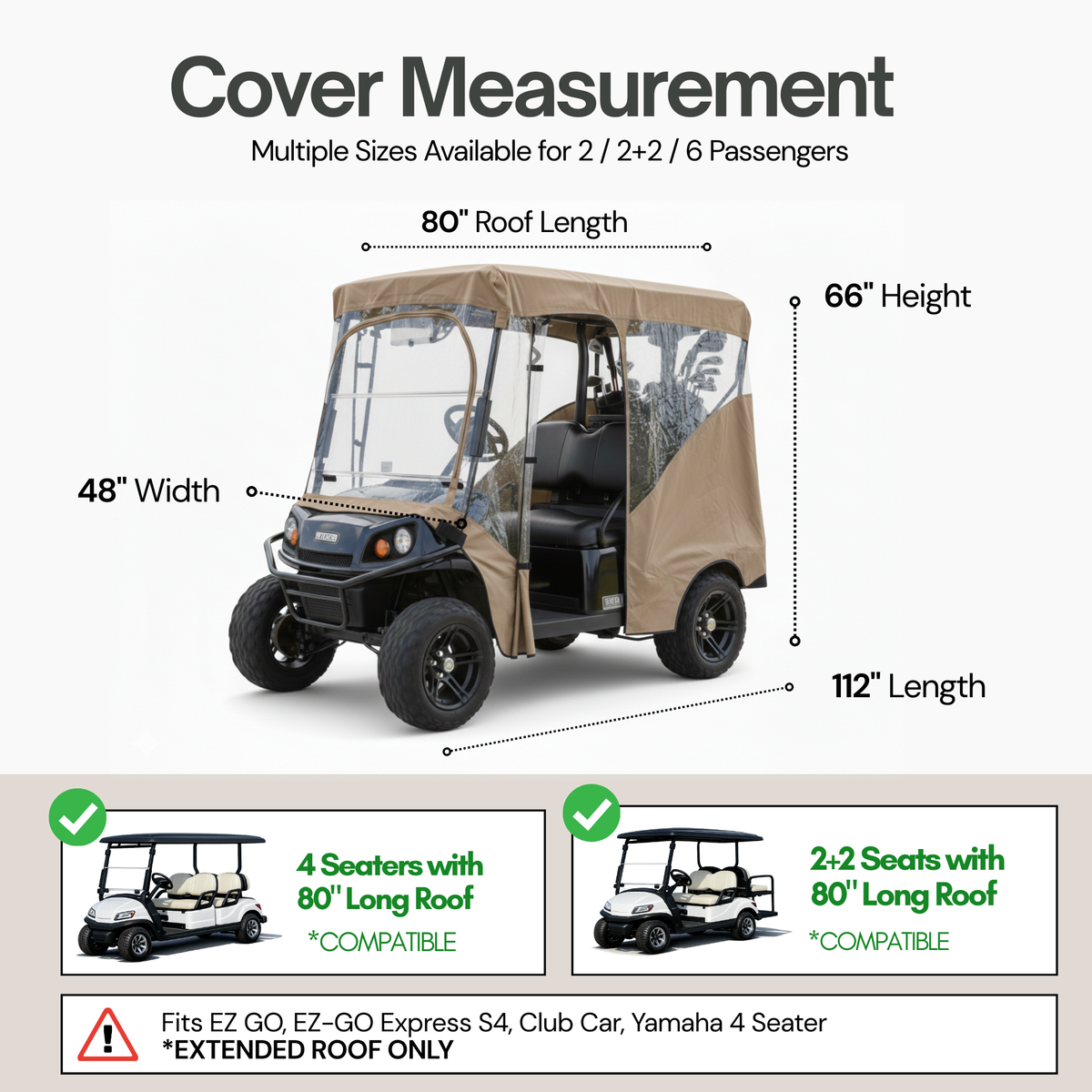 4 Seater Golf Cart Enclosure for 80 Inch Long Roof – Taupe Rain and Winter Driving Cover - Formosa Covers