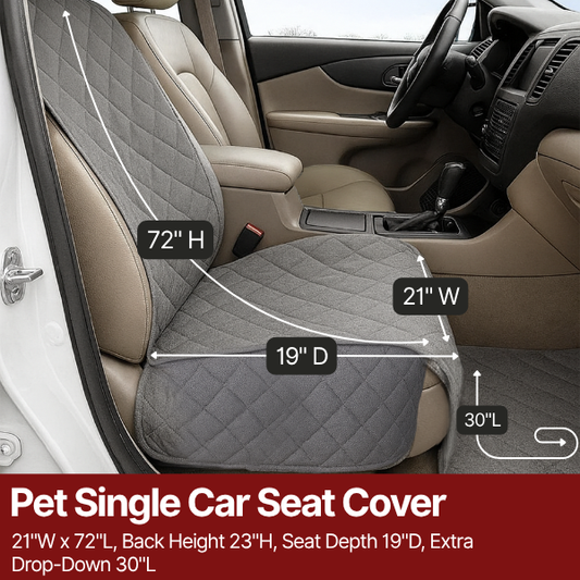 Grey padded pet single car seat cover with floor coverage and adjustable straps in a car interior