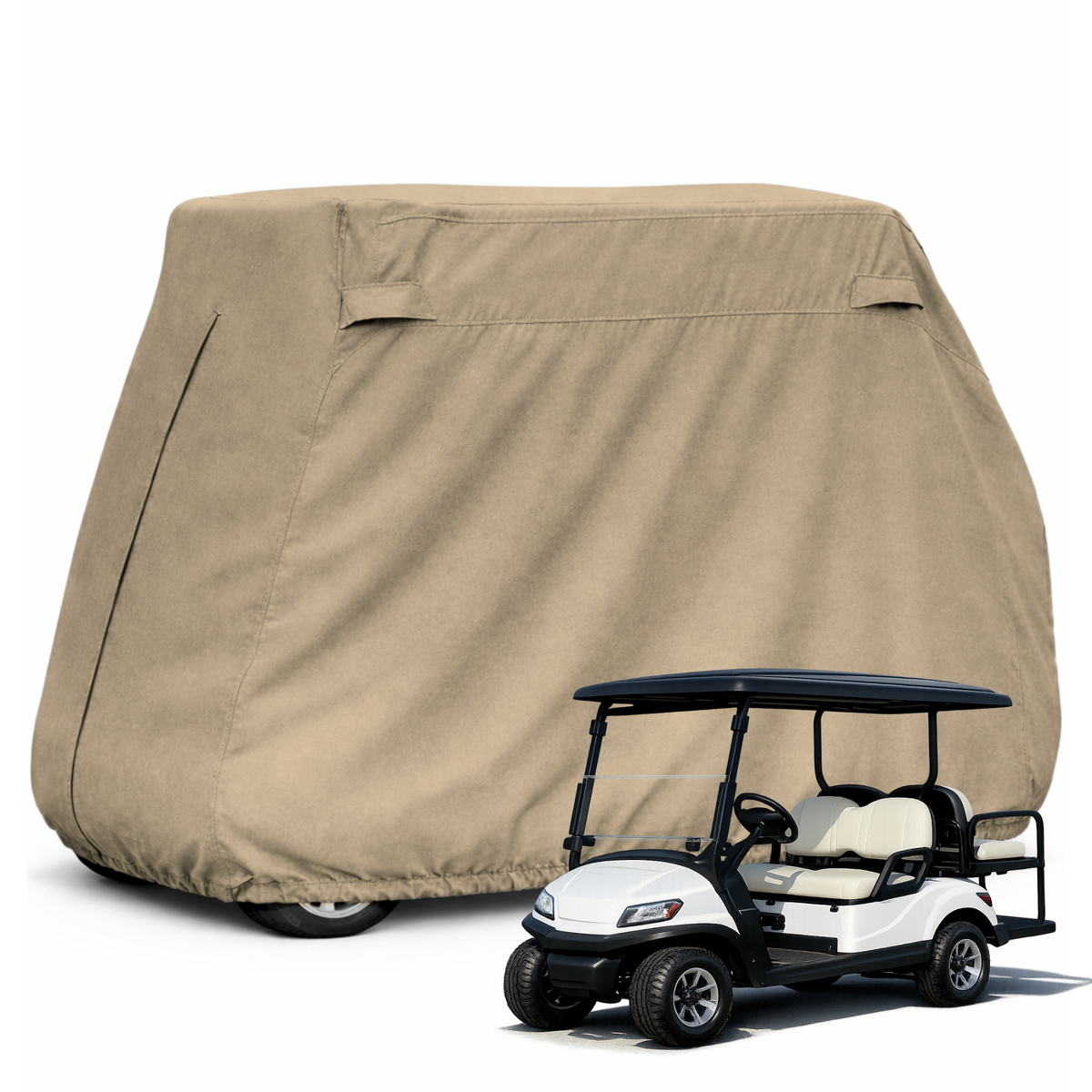 2+2 passenger golf cart storage cover in taupe for 4 passenger short roof 58-inch carts with waterproof 300D fabric and rear zipper access