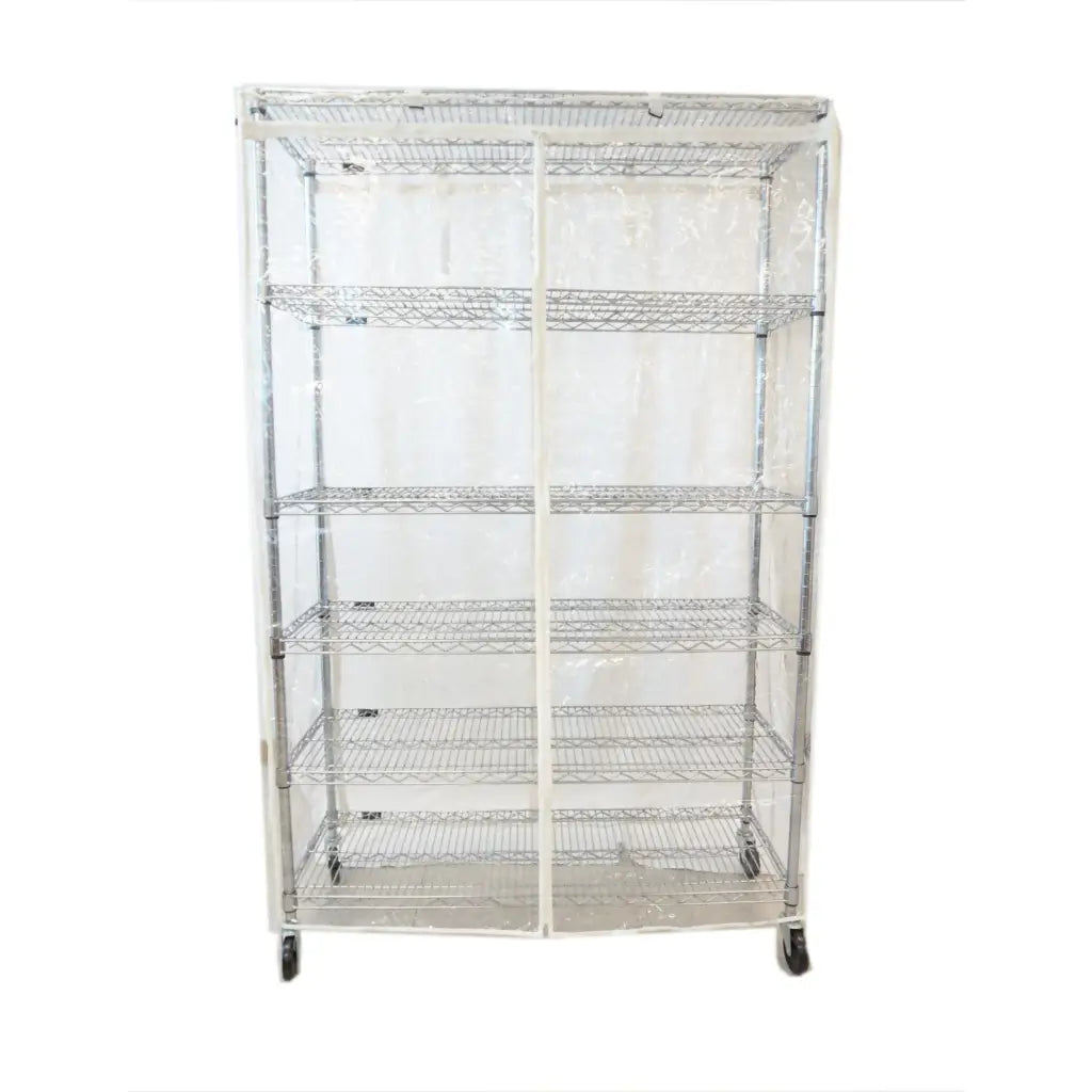 A silver metal shelving unit with five wire shelves and wheels, standing against a plain white background.