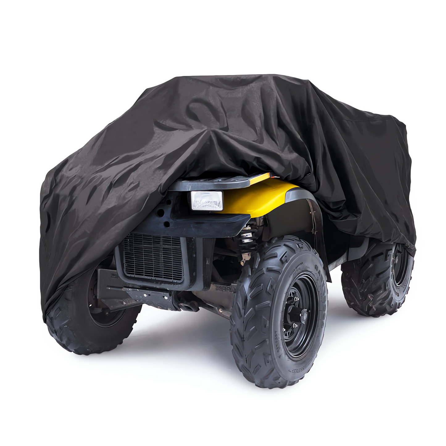 A yellow all-terrain vehicle (ATV) is partially covered by a Formosa Covers' ATV Cover Medium (65"L x 40"W x 40"H), which features water-repellent and UV-treated premium material. The cover drapes over most of the ATV, leaving only the front wheels, part of the grill, and the headlight visible. The ATV is positioned against a white background.
