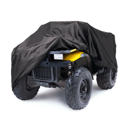 A yellow all-terrain vehicle (ATV) partially covered with a Formosa Covers ATV Cover XL - 89"L x 47"W x 40"H. The water-repellent cover is draped over the top, front, and part of the sides, leaving the wheels, front grill, and part of the headlights exposed.