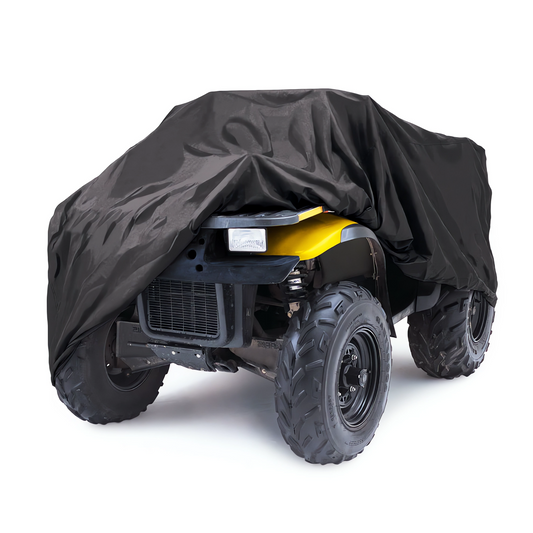 A yellow all-terrain vehicle (ATV) is partially covered by the Formosa Covers ATV Cover XXL 100"L x 47"/36"W x 48"H, which features a premium UV treated coating. Only the front part, including the bumper, headlights, and front wheels, is visible. The ATV stands against a plain white background.