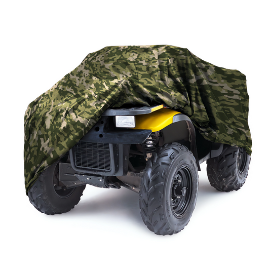 A black quad bike is partially covered with a Formosa Covers ATV Cover XXL in green and brown camouflage. The water-repellent cover, measuring 100"L x 47"/36"W x 48"H, is draped over the quad bike, providing a secure fit while obscuring part of the yellow body and front lights. The rugged tires are visible against the white background.