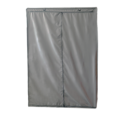 Wire shelving rack enclosure in grey with wheels, 48x18x76 inches, polyester fabric.