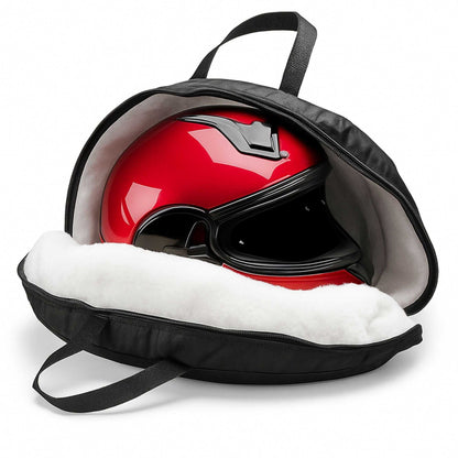 Black premium universal helmet carrying bag with white fleece lining and red helmet inside