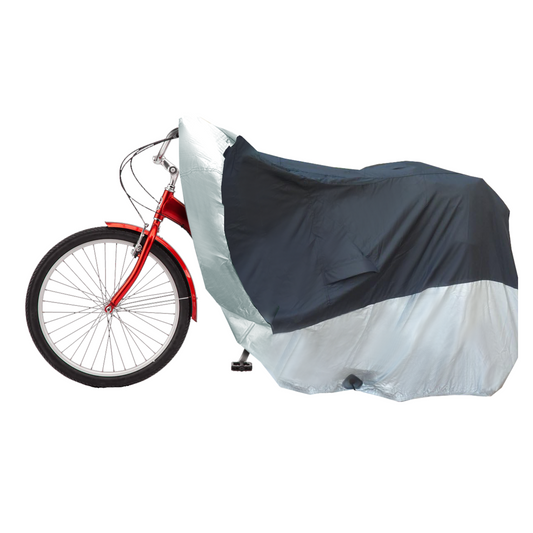 A red bicycle is partially covered with a Formosa Covers Heavy Duty Adult Tricycle Cover, designed for up to a 26" wheel and made of water-repellent, UV-treated polyester fabric. This cover leaves the handlebars, front wheel, and part of the frame exposed while draping over the top and back of the bicycle, indicating its purpose to shield against weather elements.