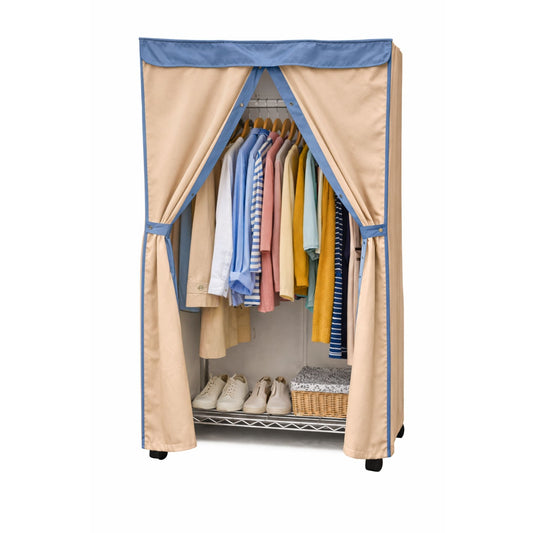 Portable Garment Rack Cover 36"W x 14"D x 72"H Beige Khaki with Dusty Blue Trim - Formosa Covers