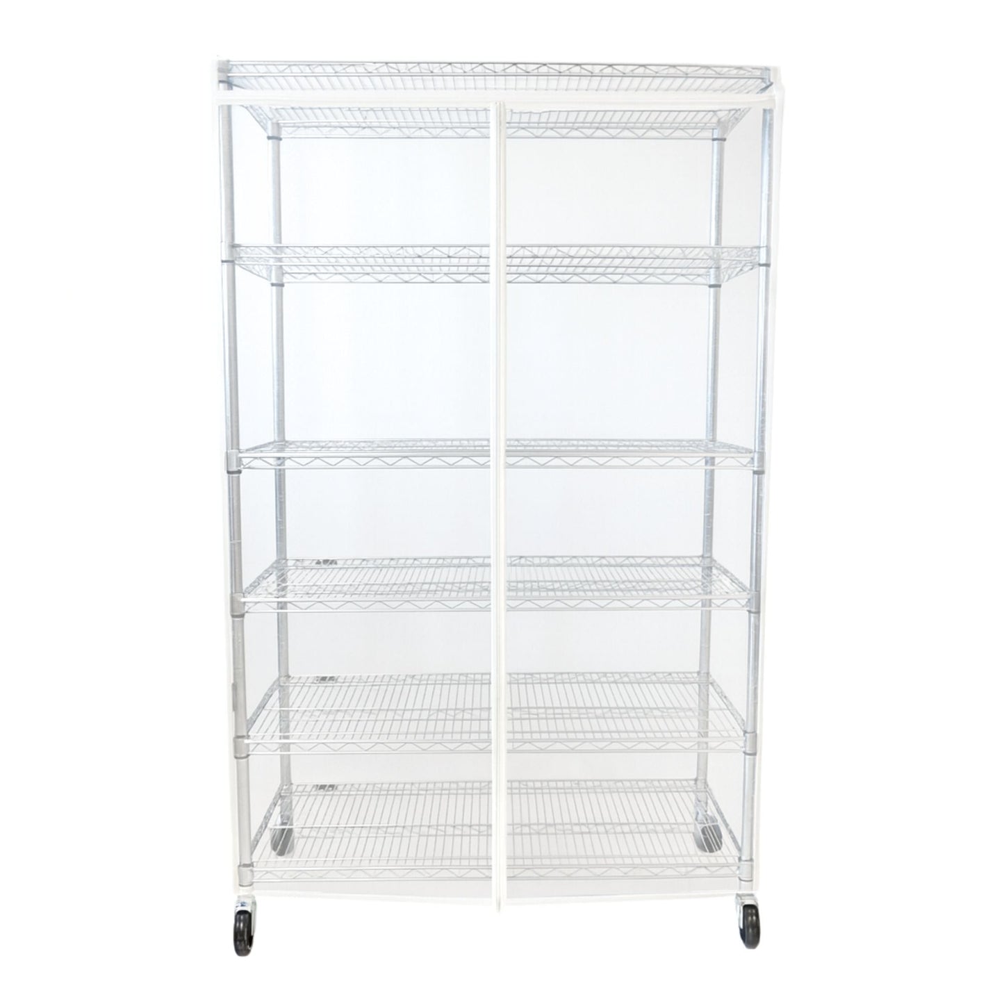 Clear PVC storage shelving unit cover fits 60" wide racks, dust-resistant and waterproof with zipper access panels