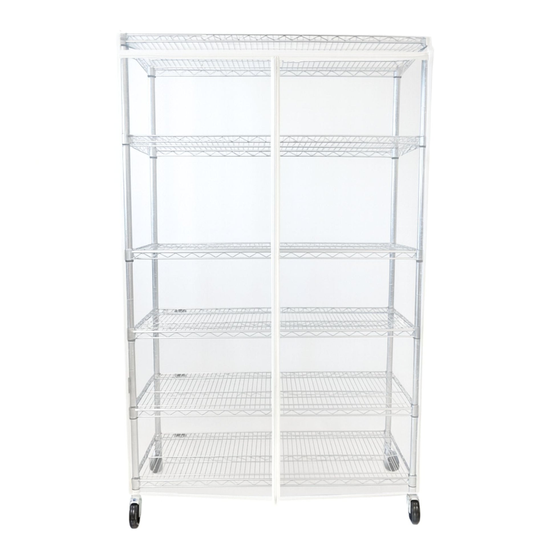Clear PVC storage shelving unit cover fits 60" wide racks, dust-resistant and waterproof with zipper access panels