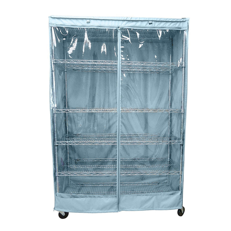 Storage shelving unit cover in Glacier Blue with clear PVC panel, fits racks 48"W x 24"D x 72"H, features polyester fabric and 3-way zippers.
