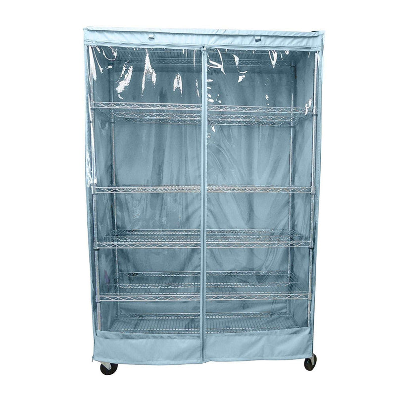 Storage shelving unit cover in Glacier Blue with a clear PVC panel, fits racks 36"W x 18"D x 72"H, featuring water repellent fabric and convenient zippers for easy access.