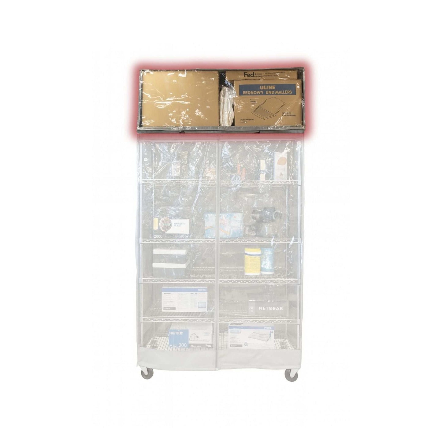 Charcoal grey storage shelving top cover with clear PVC panel, 72"W x 24"D x 18"H, water repellent polyester fabric with corner zippers for easy access.
