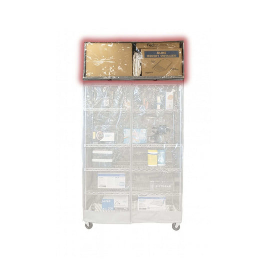 Clear PVC top cover for 48-inch storage shelving with charcoal grey polyester fabric and zippers