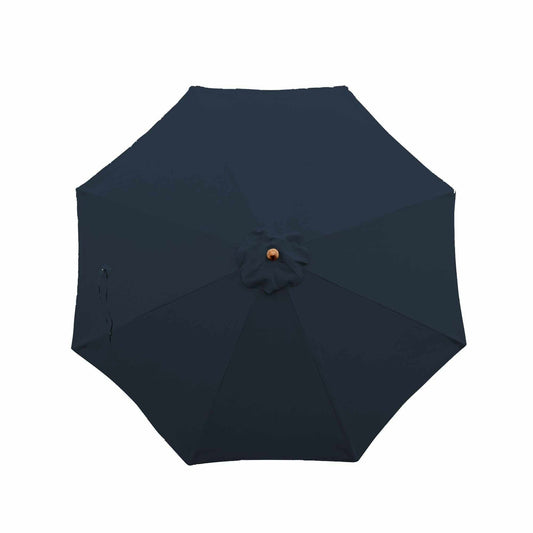 A top-down view of the **Formosa Covers 11ft Market Patio Umbrella 8 Rib Replacement Canopy in Dark Blue** reveals its large, hexagonal shape. This durable patio umbrella displays a central hub with a wooden knob and evenly spaced segments extending outward. The UV-treated fabric appears to be both sturdy and weather-resistant.