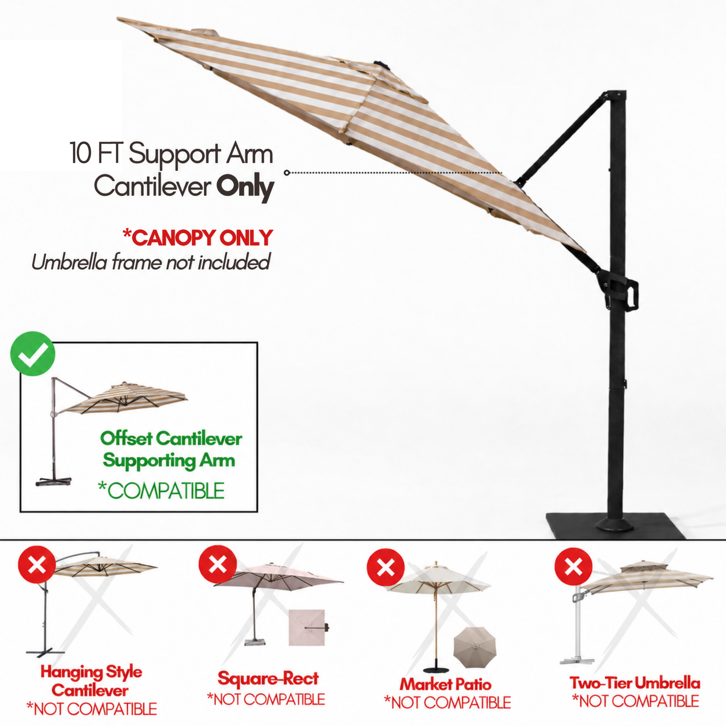 10ft Cantilever Supported Bar Umbrella 8 Rib Replacement Canopy Olefin Cabana Beige Stripe - Formosa Covers