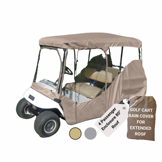 A taupe 4-Seater Golf Cart with a rain cover by Formosa Covers is pictured. The transparent sides are crafted for a 4-passenger enclosure, featuring an extended roof. Nearby, a brown storage bag is labeled "Golf Cart Rain Cover for Extended Roof.