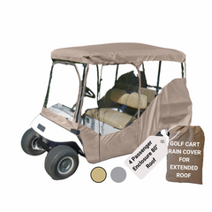 A taupe 4-Seater Golf Cart with a rain cover by Formosa Covers is pictured. The transparent sides are crafted for a 4-passenger enclosure, featuring an extended roof. Nearby, a brown storage bag is labeled 