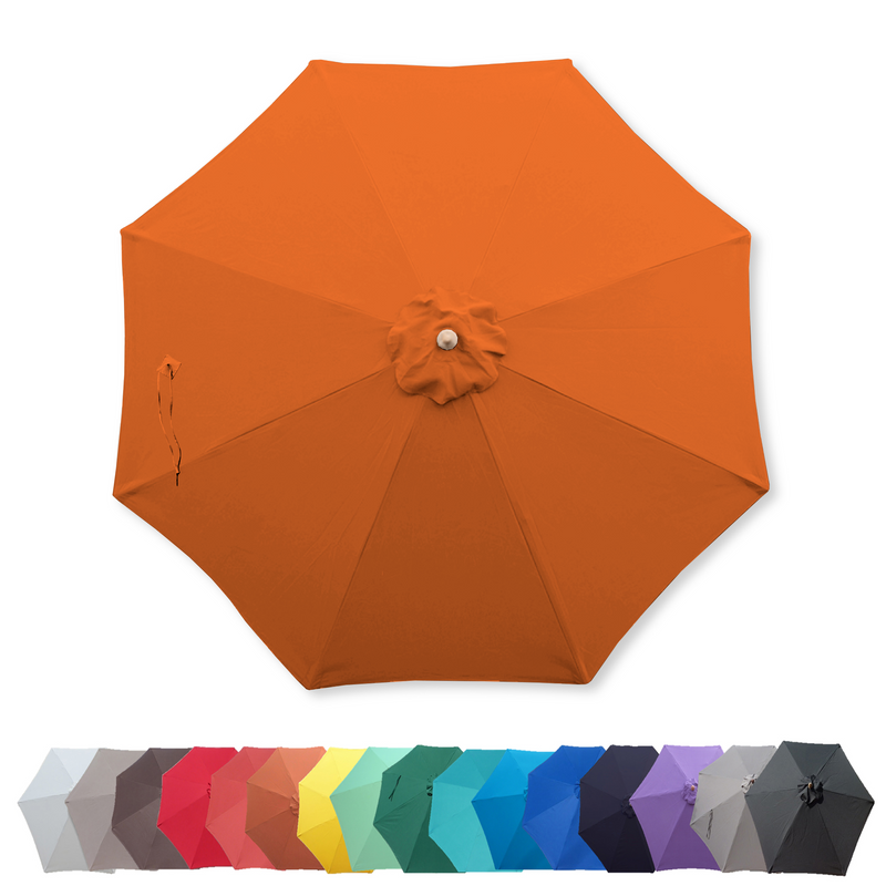 An overhead view of the 9ft Market Patio Umbrella 8 Rib Replacement Canopy in Tuscan Orange by Formosa Covers, with several smaller, closed umbrellas in various colors displayed at the bottom, including shades of gray, red, pink, yellow, green, cyan, blue, purple, and black.