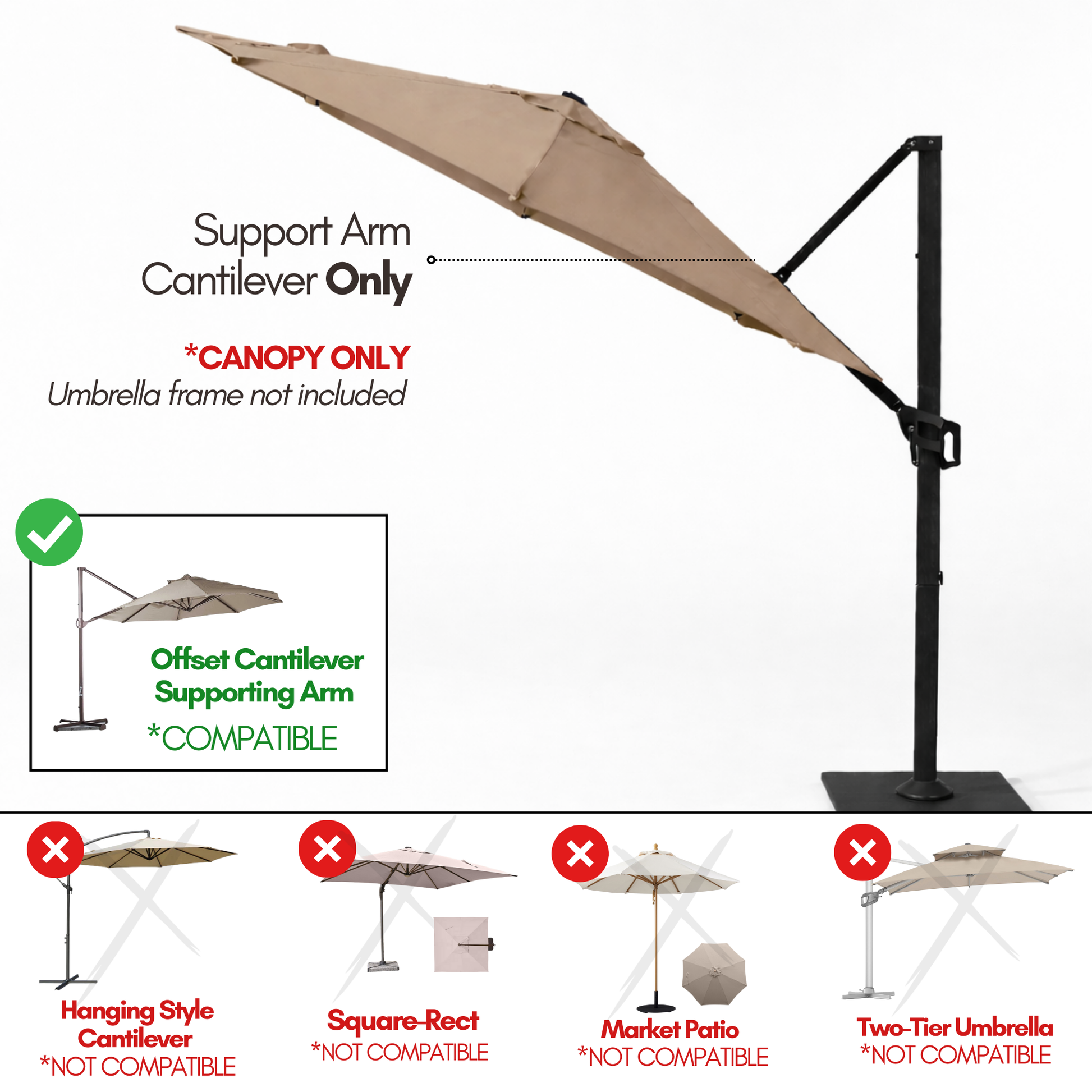 11 ft Cantilever Umbrella Replacement Canopy Supported Bar 8 Ribs Taupe - Formosa Covers