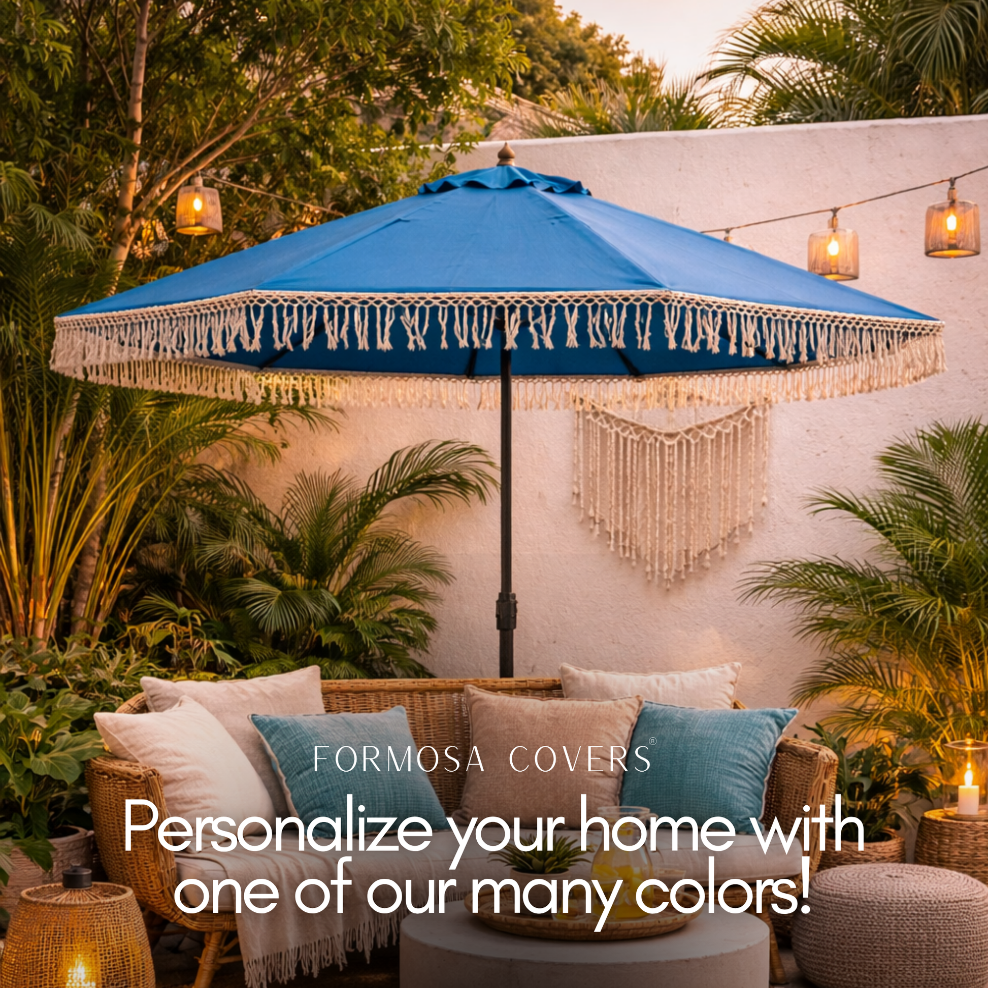 9ft 8 Ribs Replacement Umbrella Canopy w/ Tassels in Capri Blue (Canopy Only) - Formosa Covers