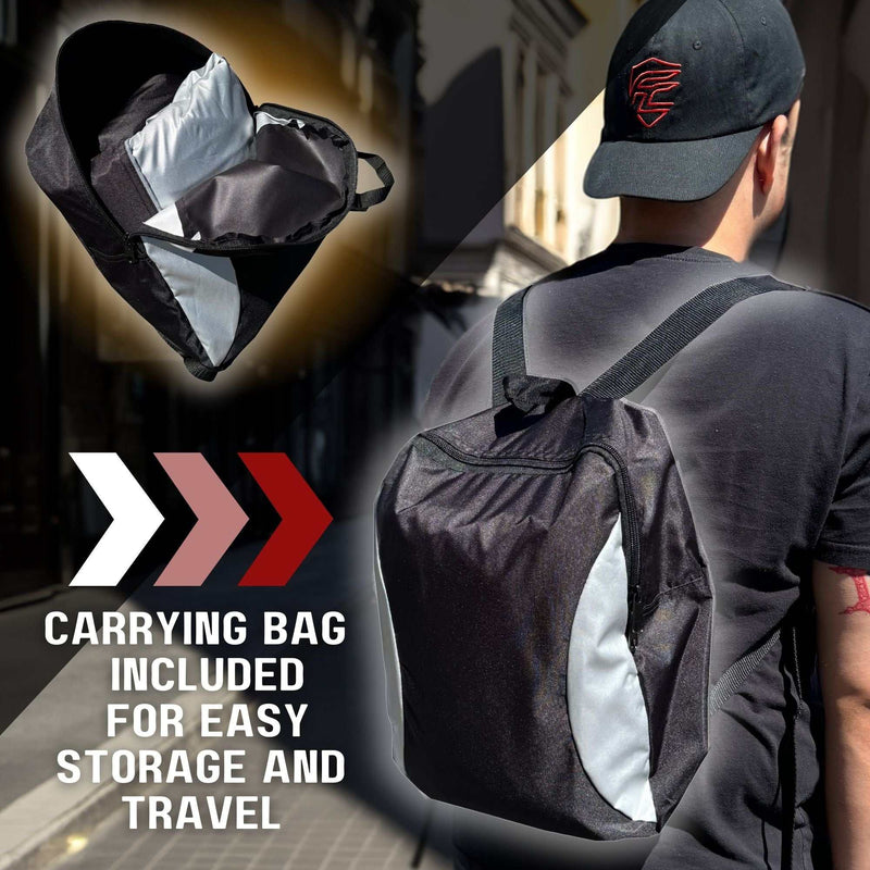 A person wearing a black backpack with gray accents, shown from the back. Text on the image reads, "Carrying bag included for easy storage and travel." An inset image depicts a close-up of the carrying bag partially unzipped, revealing the backpack inside. Ideal for use with Formosa Covers' Heavy Duty Motorcycle Cover with Cable & Lock (XL) Black.