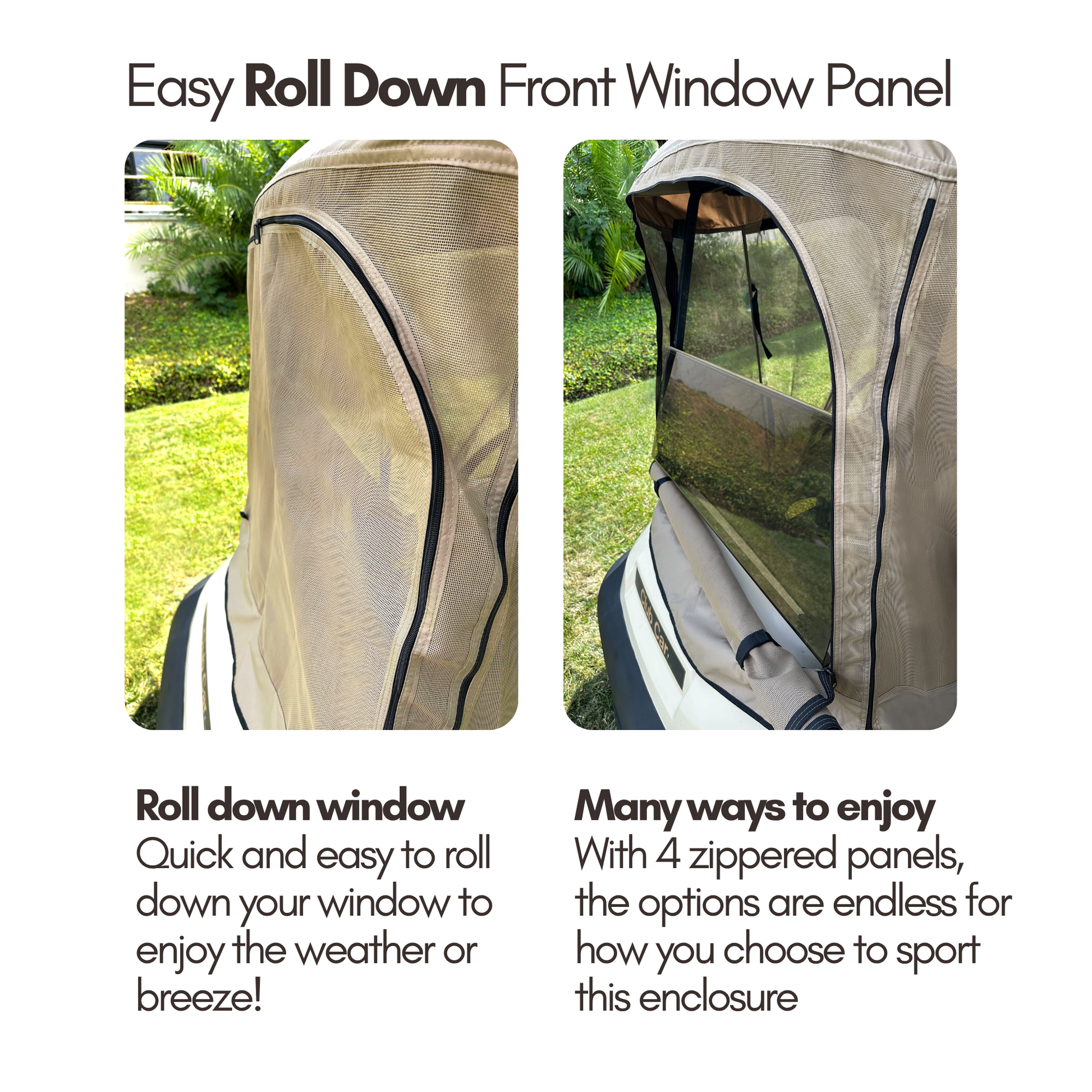 2+2 Passenger Golf Cart Driving Enclosure Cover (4 Passenger Short Roof 58") Texteline Mesh Taupe - Formosa Covers