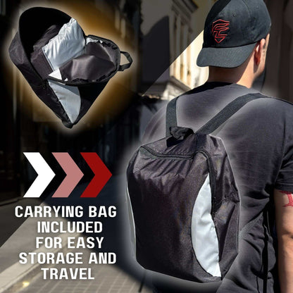 Deluxe motorcycle cover in black, lightweight and all-season, includes carrying bag for easy storage and travel.
