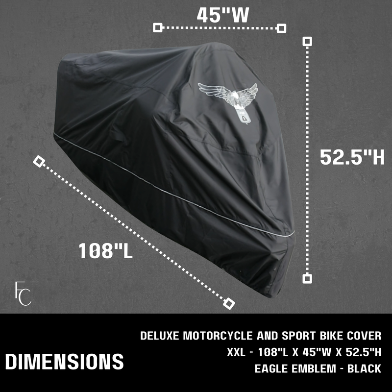 The Premium Motorcycle Cover with Night Reflector and Eagle Emblem (XXL) Black by Formosa Covers features UV-treated heavy-duty fabric. Measuring 108"L x 45"W x 52.5"H, it's designed for XXL motorcycles and sport bikes, offering a durable gray textured surface that enhances its sturdy design.