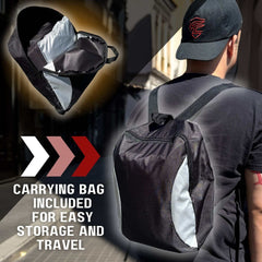 A person wearing a black and gray accented backpack strolls down a sunny city street. In the corner, an isolated image of the water-repellent backpack is overlaid, alongside text that reads, 