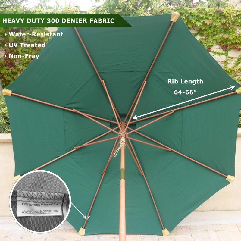 The Formosa Covers 11ft Market Patio Umbrella Double-Vented 8 Rib Replacement Canopy in Hunter Green is showcased. It features a durable 300 denier fabric that is water-resistant, UV-treated, and non-fray. A close-up inset displays the fabric's label, with text on the image indicating a rib length of 64-66 inches. Perfect as a replacement canopy for your patio setup.