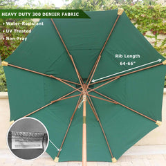 The Formosa Covers 11ft Market Patio Umbrella Double-Vented 8 Rib Replacement Canopy in Hunter Green is showcased. It features a durable 300 denier fabric that is water-resistant, UV-treated, and non-fray. A close-up inset displays the fabric's label, with text on the image indicating a rib length of 64-66 inches. Perfect as a replacement canopy for your patio setup.