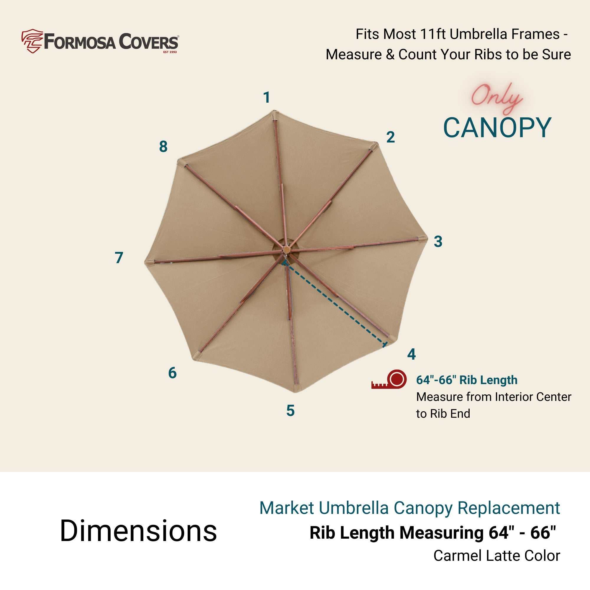 11ft Market Patio Umbrella Canopy in Carmel Latte, fits 8 rib frames with 64