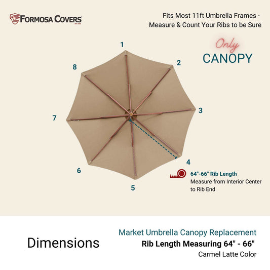 11ft Market Patio Umbrella Canopy in Carmel Latte, fits 8 rib frames with 64"-66" rib length, durable polyester, UV-treated.