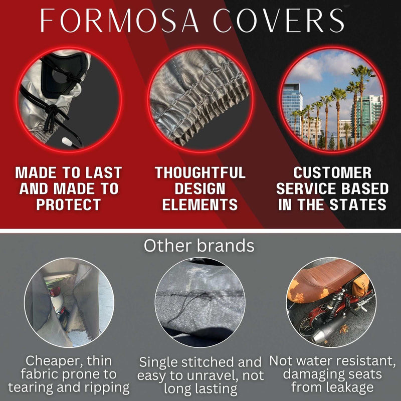 A comparison graphic for the Light Weight Motorcycle Cover (XL) with Cable & Lock by Formosa Covers. The top section highlights benefits: durable WeatherWarrior fabric, thoughtful design, and customer support in the US. The bottom section criticizes other brands: cheaper material prone to tearing, single stitching, and non-water resistant.