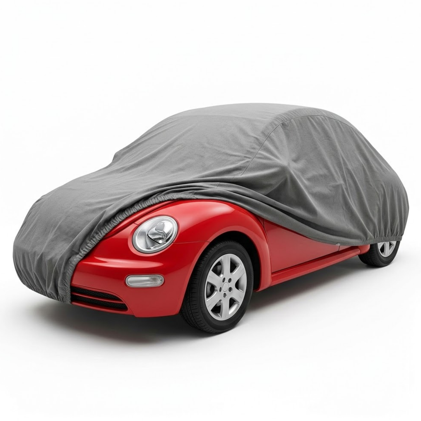 Volkswagen Beetle car covered with grey 5-layer water-resistant and UV protective cover size 161" x 70" x 55"
