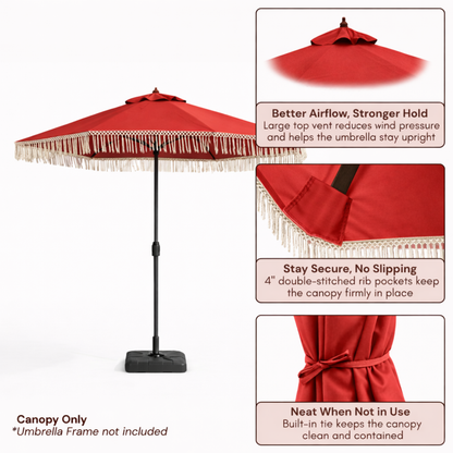 9ft 8 Ribs Replacement Umbrella Canopy w/ Tassels in Red (Canopy Only) - Formosa Covers