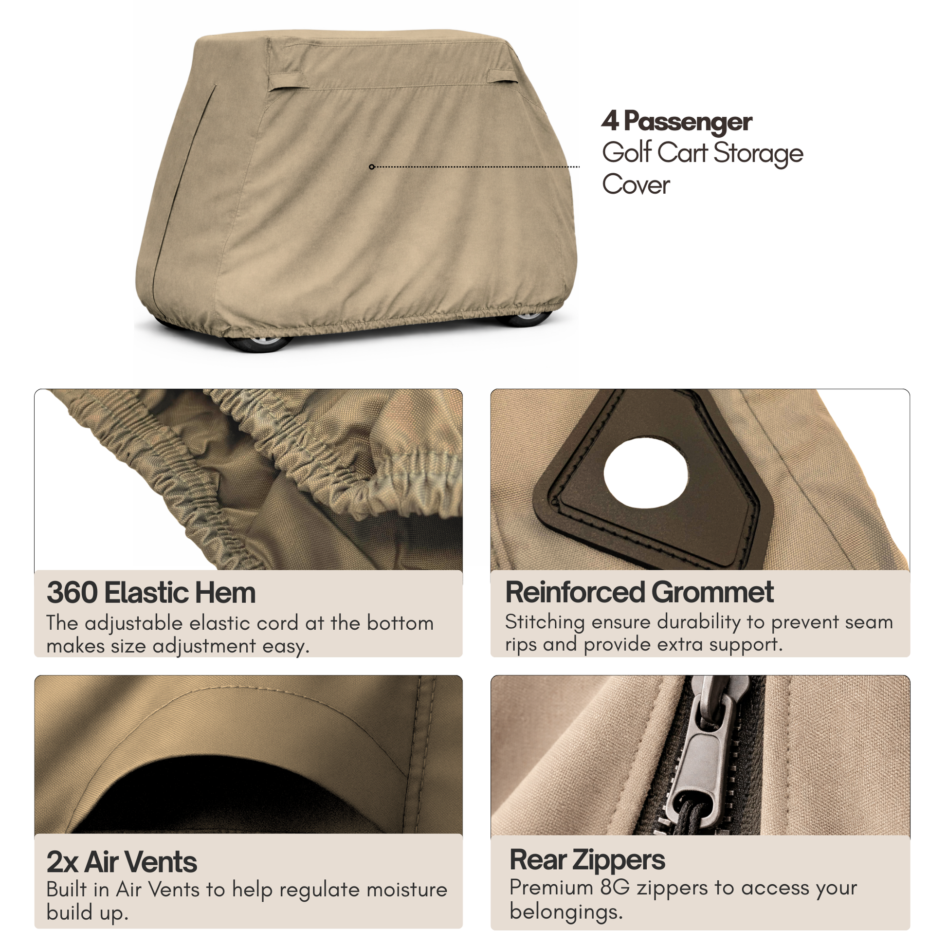 4 Passenger Golf Cart Storage Cover (4 Seater Long Roof 80") Taupe - Formosa Covers