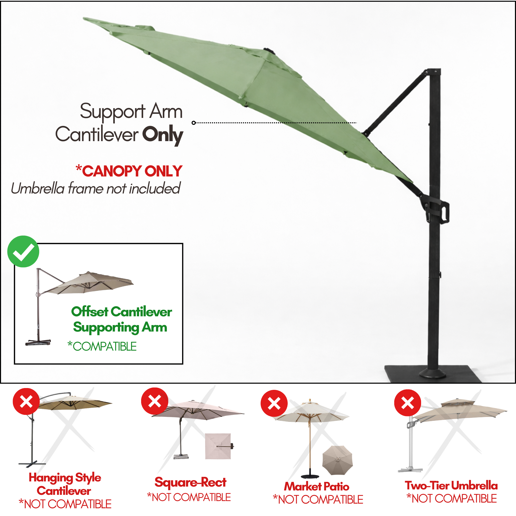 11 ft Cantilever Umbrella Replacement Canopy Supported Bar 8 Ribs Sage Green