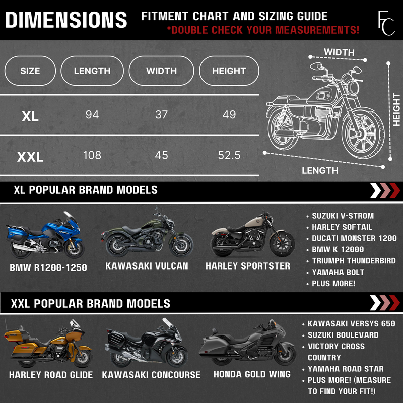 The Premium Motorcycle Cover with Night Reflector and Eagle Emblem (XXL) in Black, by Formosa Covers, comes with a sizing chart for XL and XXL options. It includes fitment dimensions for width, length, and height. Featured images display popular models such as BMW, Kawasaki, Harley, and Yamaha to illustrate each size. Additionally, these covers are made from heavy-duty fabric that is UV treated for enhanced durability.