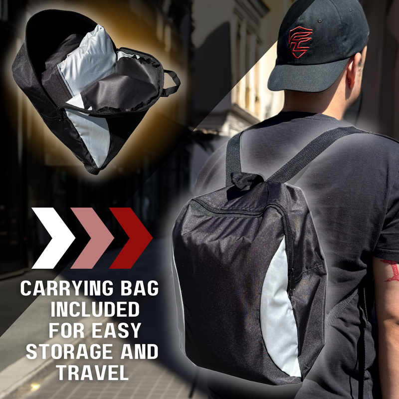 A person carrying a Formosa Covers Premium Motorcycle Cover with Night Reflector and Flame Emblem (XXL) in black, standing on a city street. An inset shows the cover neatly folded inside its carrying bag. Text reads: "Heavy-duty carrying bag included for easy storage and travel.